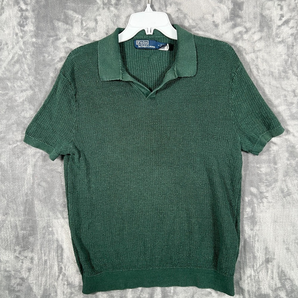 Polo Ralph Lauren Mesh Knit Linen Johnny Collar Sweater Mens Medium Green Shirt - Picture 1 of 12